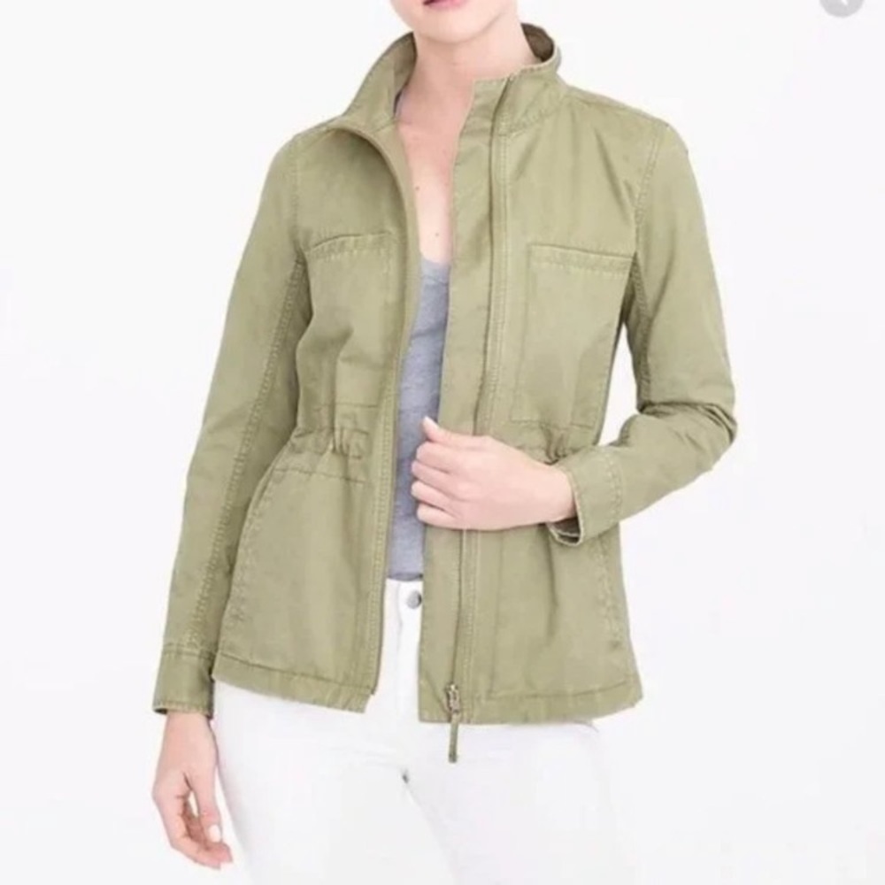 J.Crew Olive Green Twill Utility Jacket Cargo Pockets Drawstring Waist